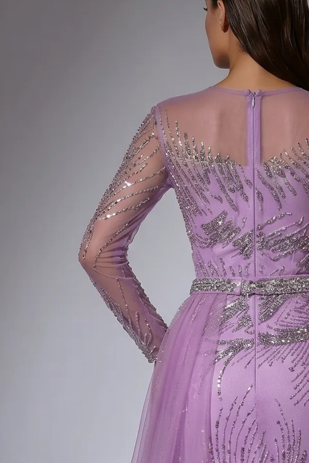 Lilac Evening Dress with Detachable Overskirt, Long Sleeve Beaded Formal Gown Plus Size