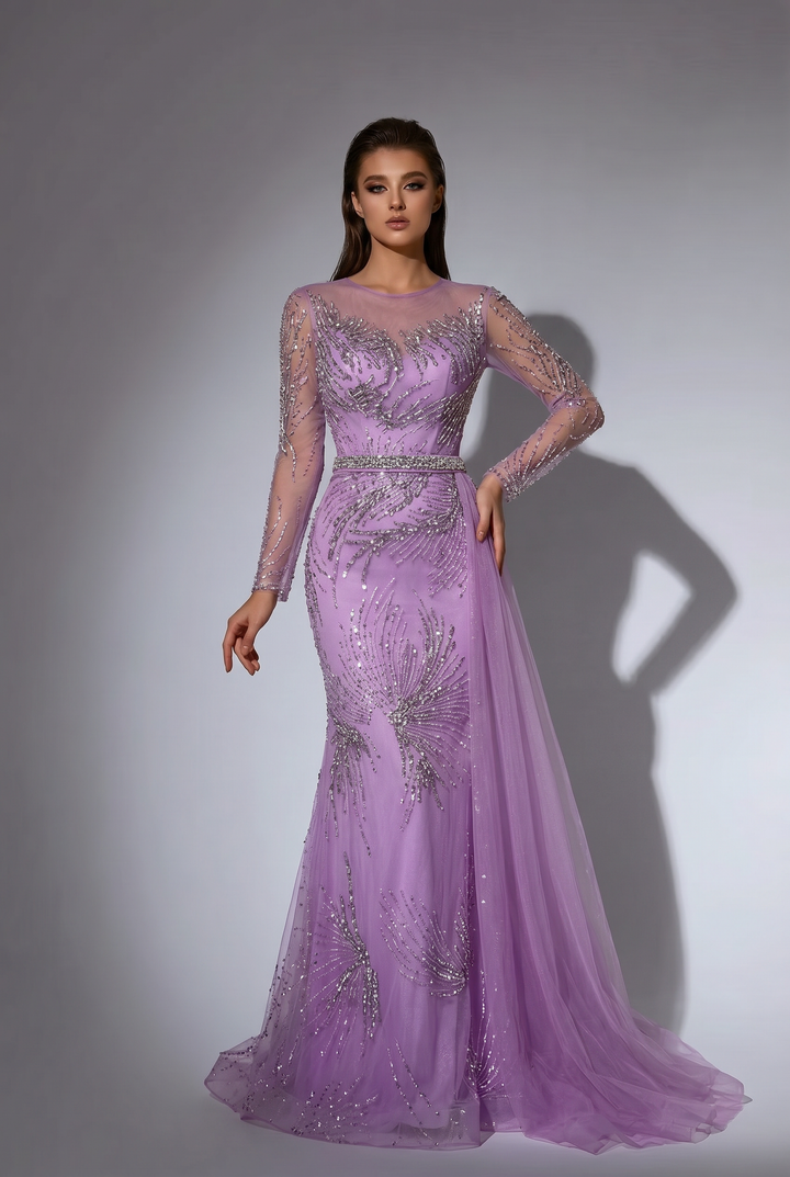Lilac Evening Dress with Detachable Overskirt, Long Sleeve Beaded Formal Gown Plus Size