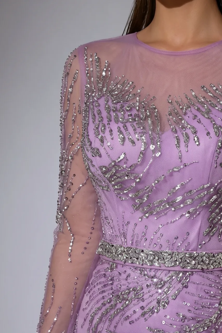 Lilac Evening Dress with Detachable Overskirt, Long Sleeve Beaded Formal Gown Plus Size