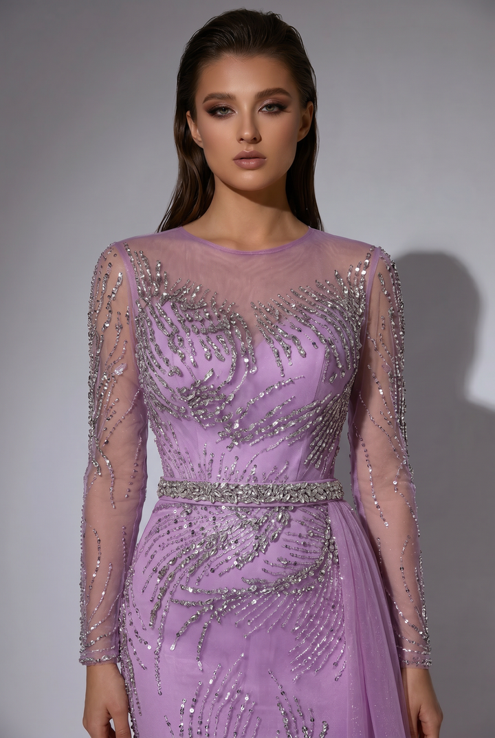 Lilac Evening Dress with Detachable Overskirt, Long Sleeve Beaded Formal Gown Plus Size
