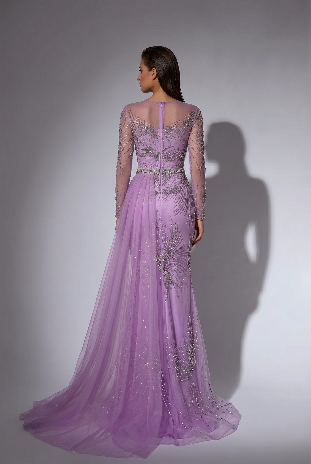 Lilac Evening Dress with Detachable Overskirt, Long Sleeve Beaded Formal Gown Plus Size