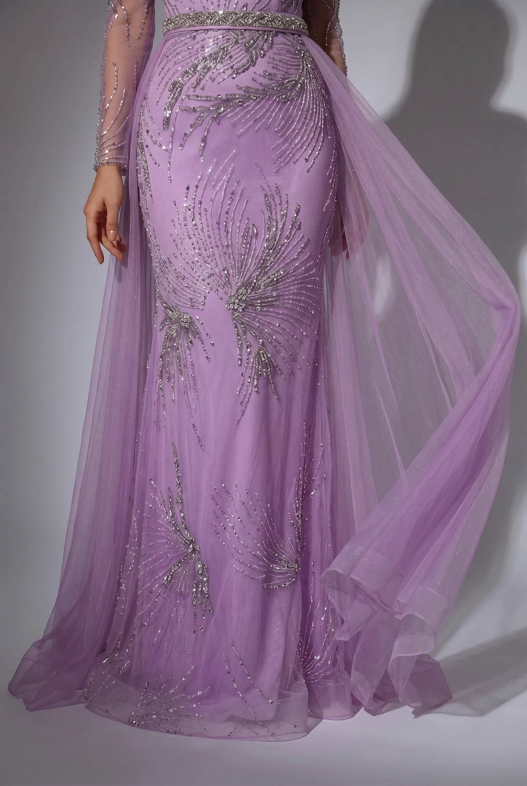 Lilac Evening Dress with Detachable Overskirt, Long Sleeve Beaded Formal Gown Plus Size