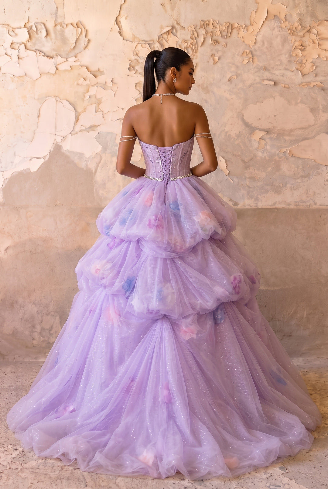 Lilac Fairy Wedding Dress with Floral Bodice - Off the Shoulder Tulle Ball Gown with Tiered Skirt - Romantic Wedding Dress Plus Size