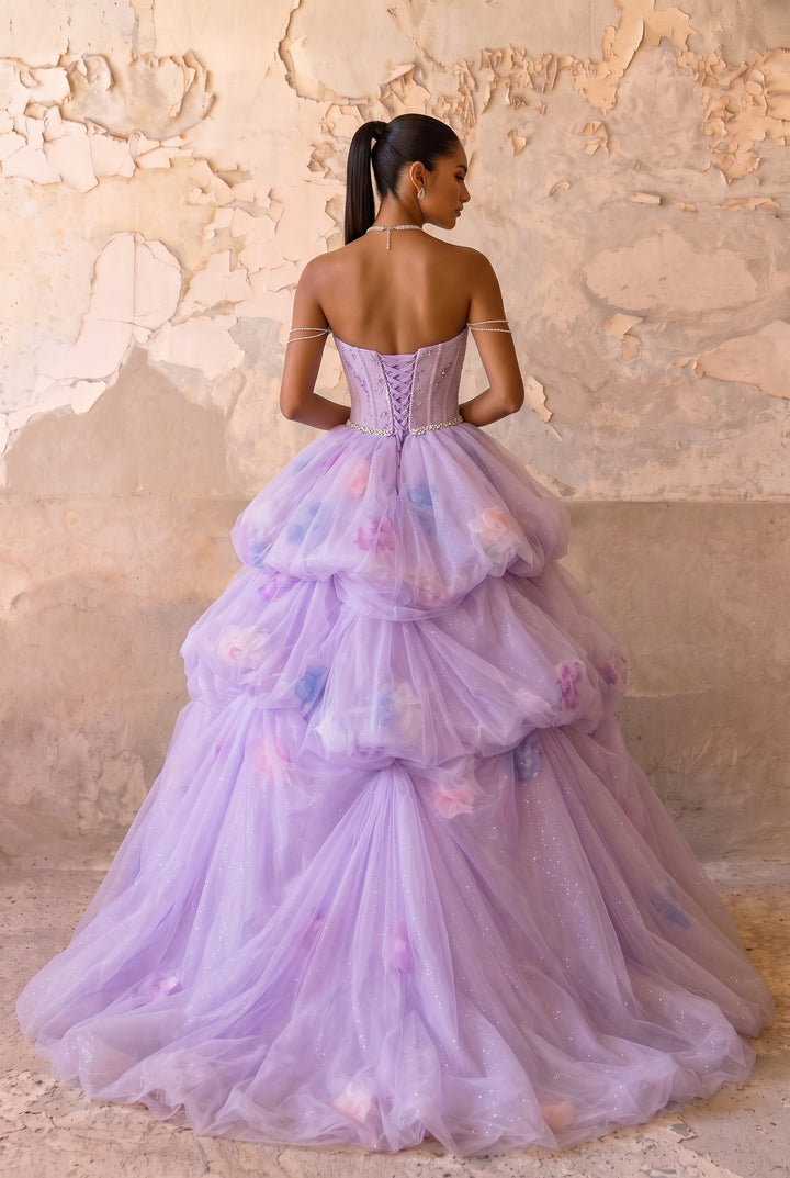 Lilac Fairy Wedding Dress with Floral Bodice - Off the Shoulder Tulle Ball Gown with Tiered Skirt - Romantic Wedding Dress Plus Size