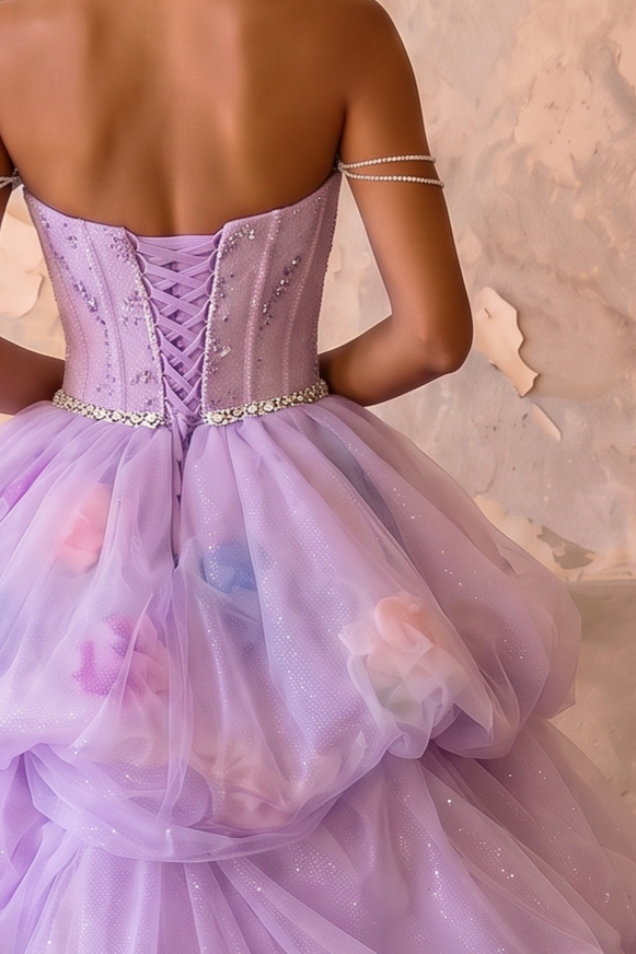Lilac Fairy Wedding Dress with Floral Bodice - Off the Shoulder Tulle Ball Gown with Tiered Skirt - Romantic Wedding Dress Plus Size