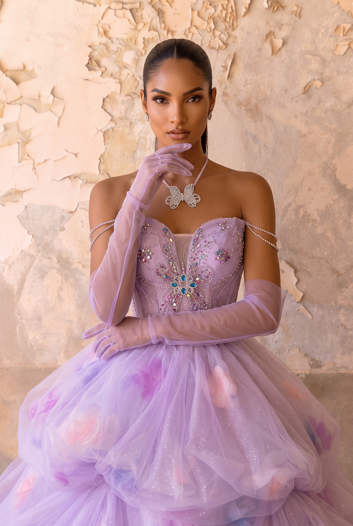 Lilac Fairy Wedding Dress with Floral Bodice - Off the Shoulder Tulle Ball Gown with Tiered Skirt - Romantic Wedding Dress Plus Size