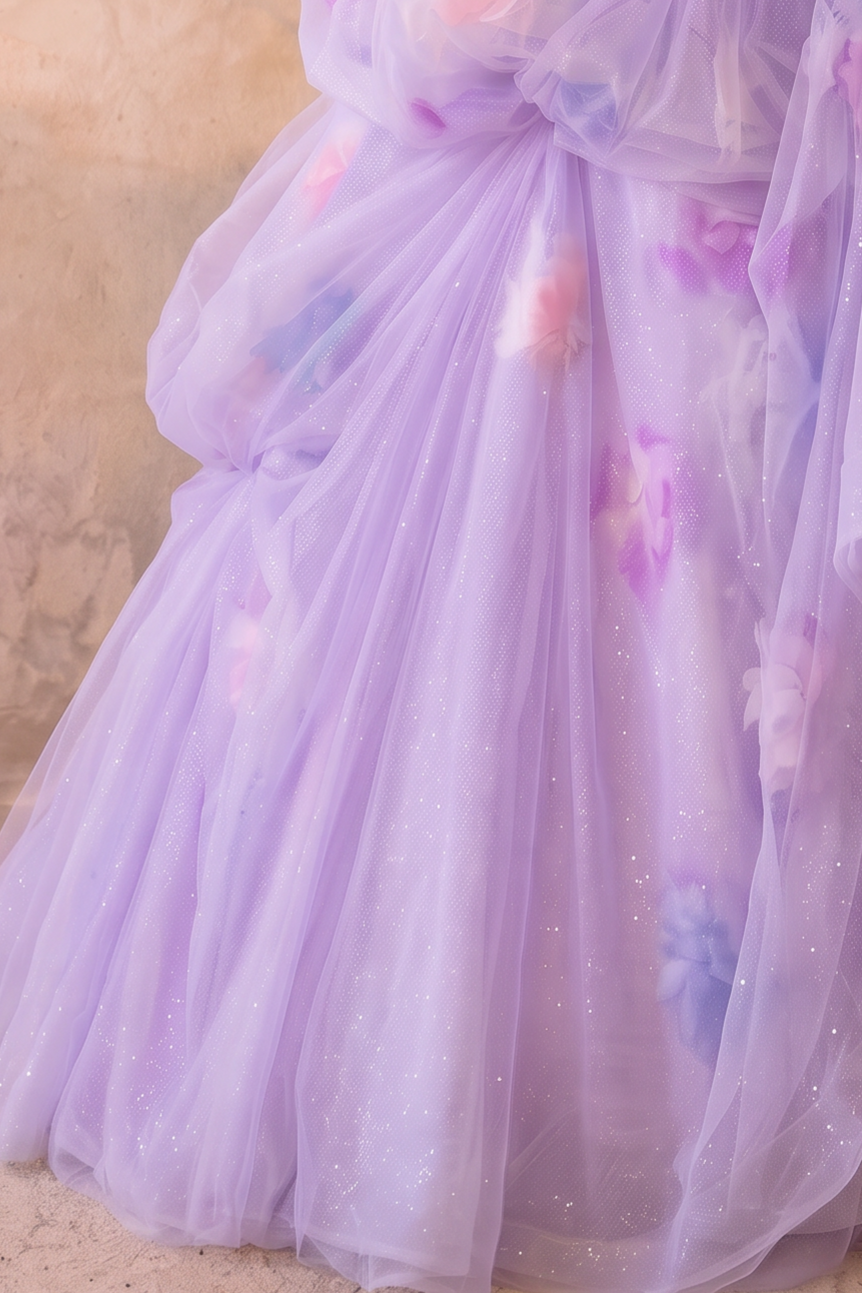 Lilac Fairy Wedding Dress with Floral Bodice - Off the Shoulder Tulle Ball Gown with Tiered Skirt - Romantic Wedding Dress Plus Size