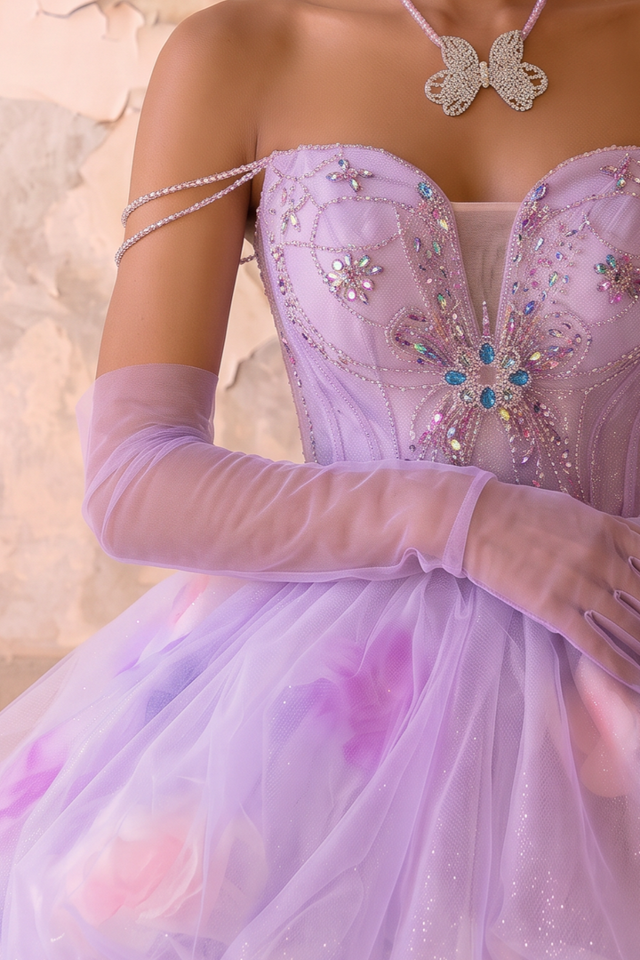 Lilac Fairy Wedding Dress with Floral Bodice - Off the Shoulder Tulle Ball Gown with Tiered Skirt - Romantic Wedding Dress Plus Size