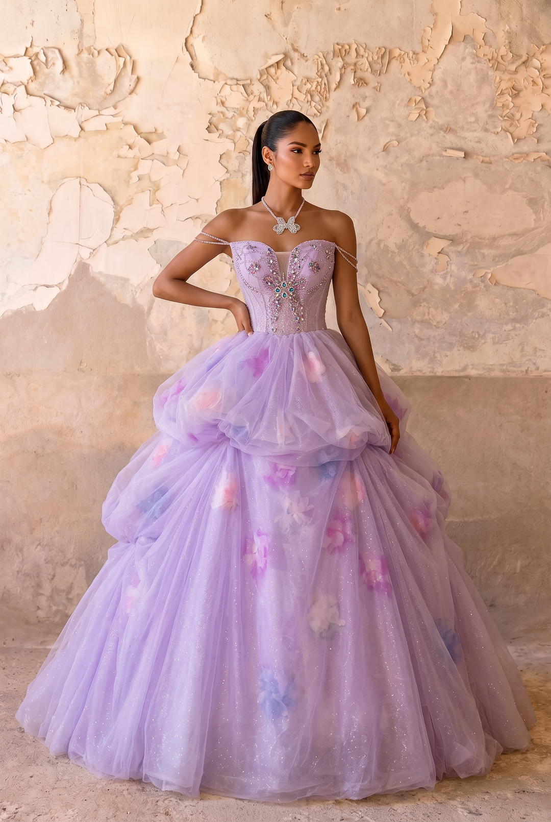 Lilac Fairy Wedding Dress with Floral Bodice - Off the Shoulder Tulle Ball Gown with Tiered Skirt - Romantic Wedding Dress Plus Size