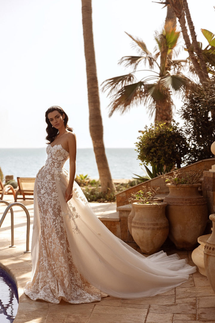 Lilian by Perfioni-White Strapless Floral Lace Wedding Dress with Flowing Train - Plus Size