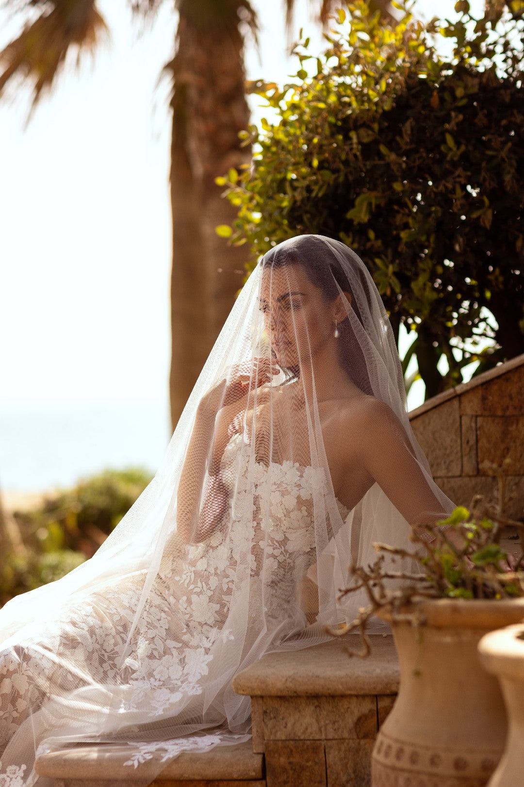 Lilian by Perfioni-White Floral Guipure Lace Trumpet Wedding Dress with Detachable Sheer Train - Plus Size