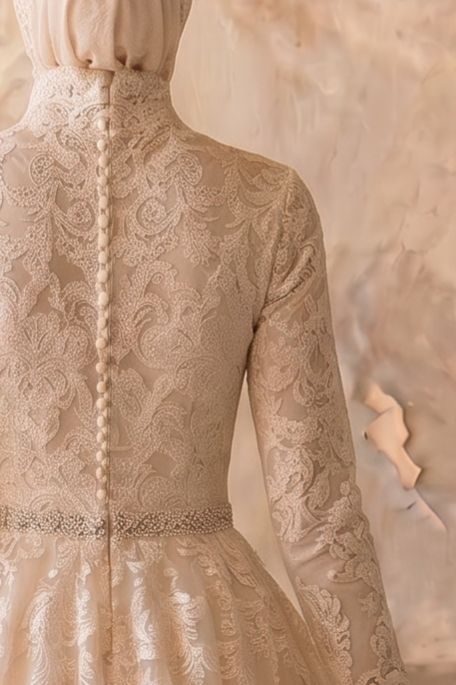 Luxury Champagne Modest Lace A-Line Wedding Dress with High Neck- Long Sleeves and Cathedral Train Plus Size
