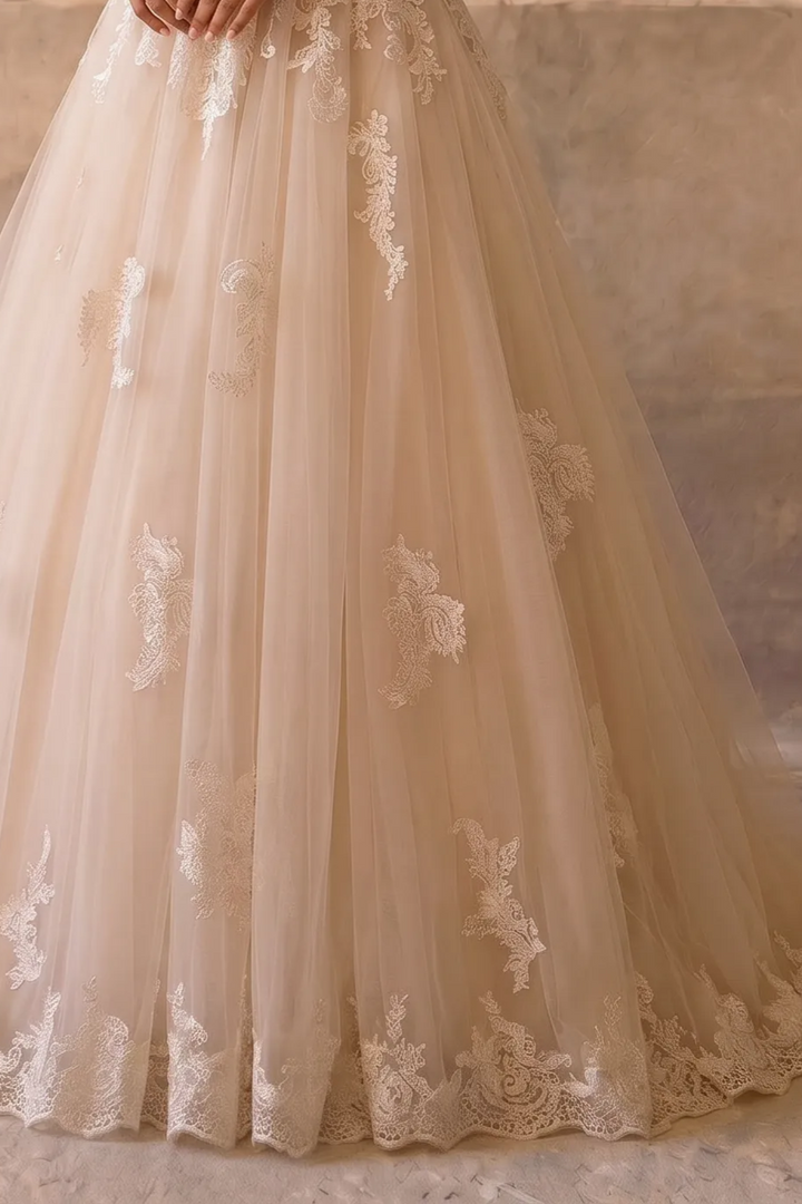 Luxury Champagne Modest Lace A-Line Wedding Dress with High Neck- Long Sleeves and Cathedral Train Plus Size