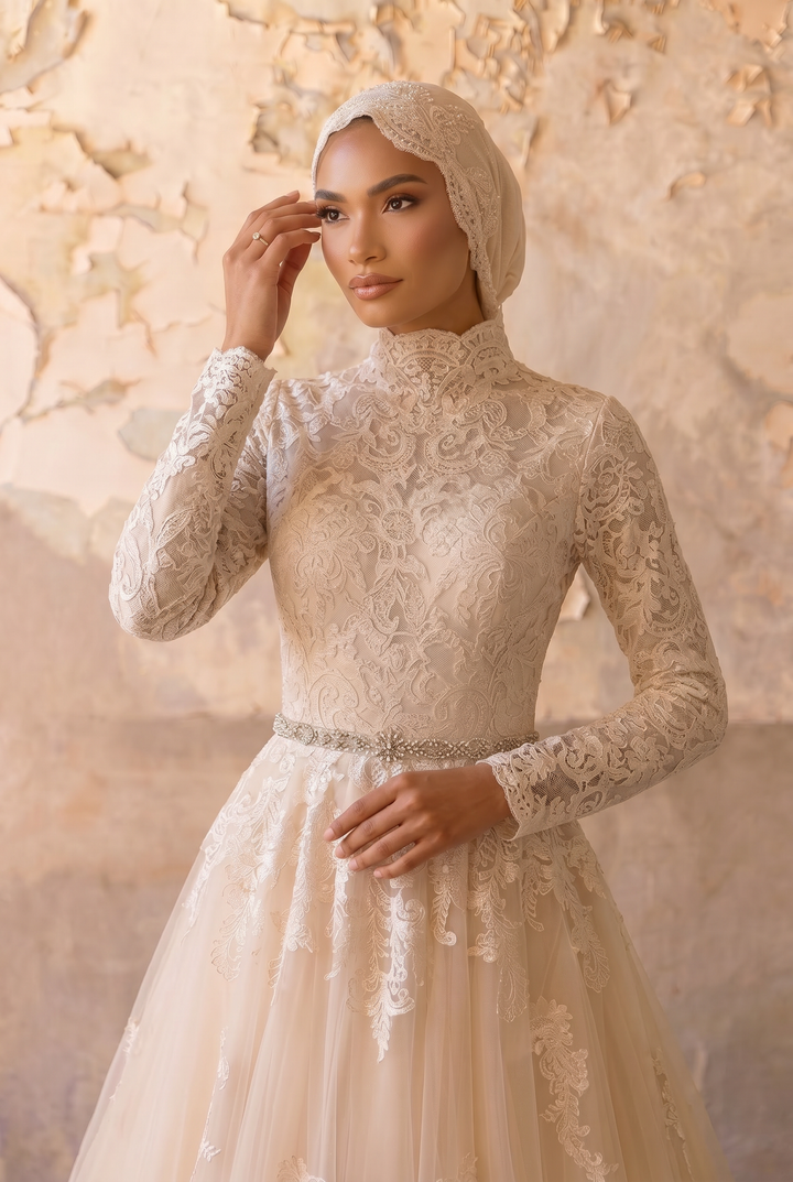 Luxury Champagne Modest Lace A-Line Wedding Dress with High Neck- Long Sleeves and Cathedral Train Plus Size