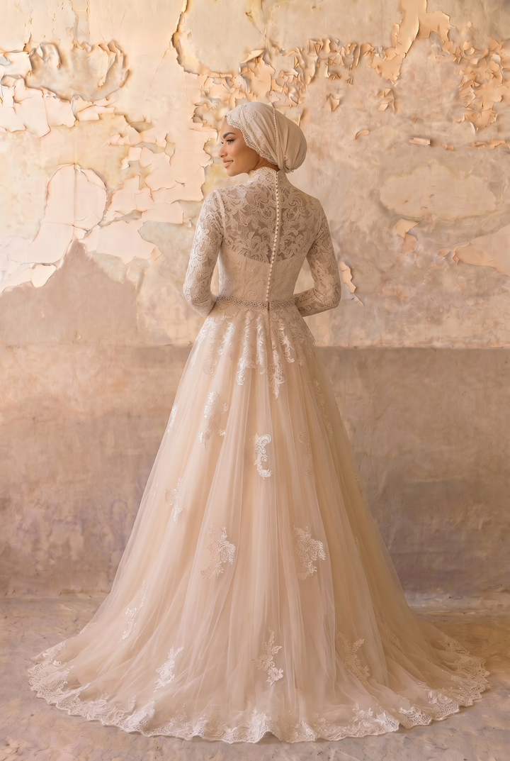 Luxury Champagne Modest Lace A-Line Wedding Dress with High Neck- Long Sleeves and Cathedral Train Plus Size