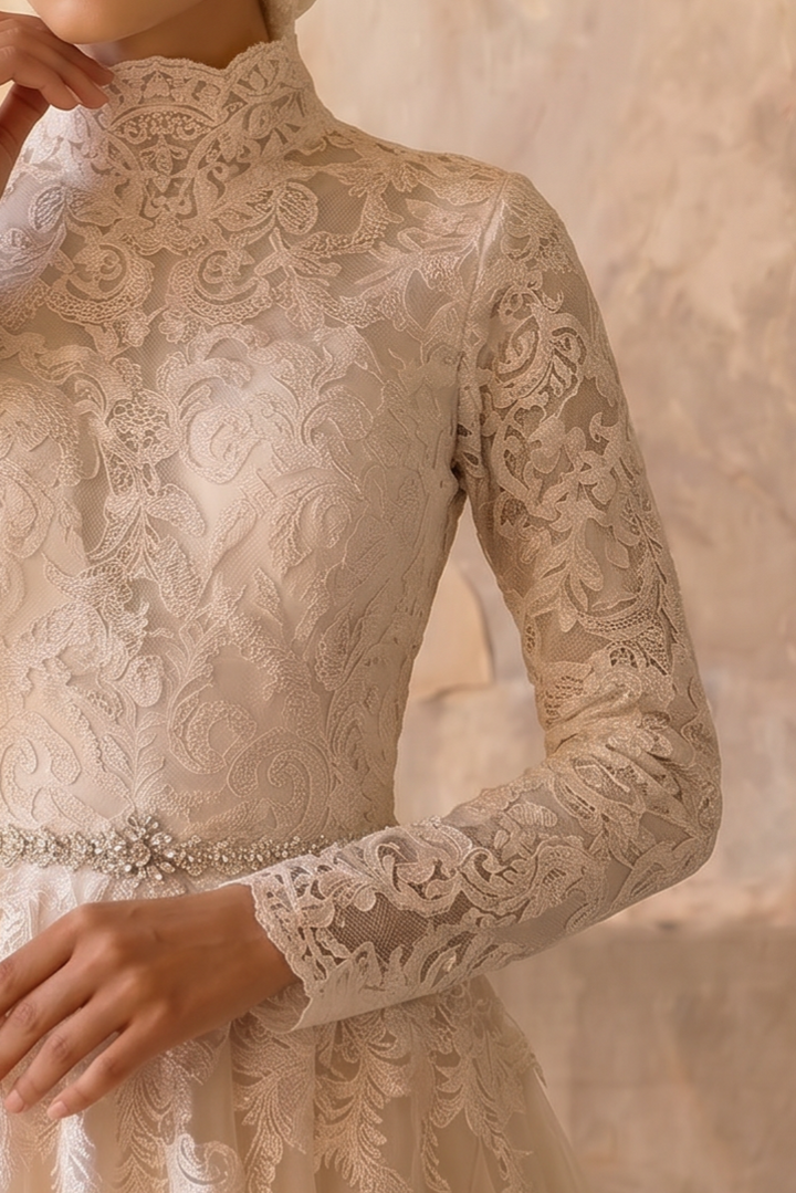 Luxury Champagne Modest Lace A-Line Wedding Dress with High Neck- Long Sleeves and Cathedral Train Plus Size