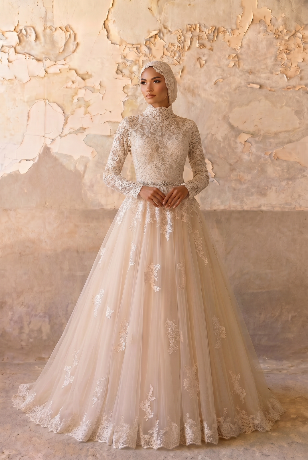 Luxury Champagne Modest Lace A-Line Wedding Dress with High Neck- Long Sleeves and Cathedral Train Plus Size