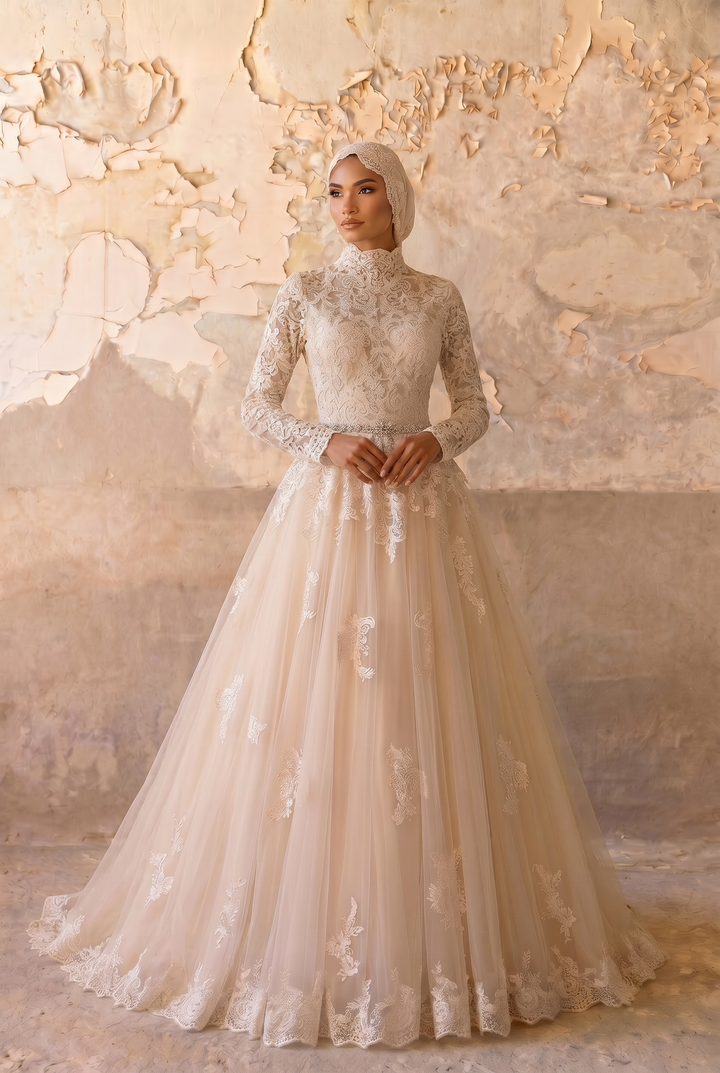 Luxury Champagne Modest Lace A-Line Wedding Dress with High Neck- Long Sleeves and Cathedral Train Plus Size