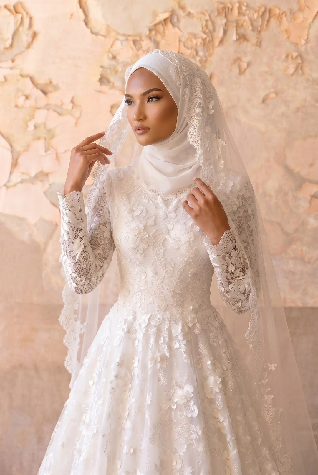 Luxury Modest 3D Floral Lace A-Line Wedding Dress with Long Sleeves- Illusion Neck and Cathedral Train Plus Size