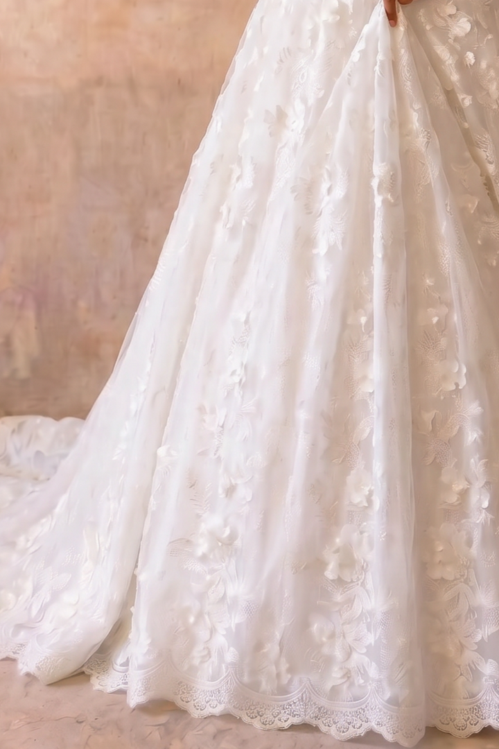Luxury Modest 3D Floral Lace A-Line Wedding Dress with Long Sleeves- Illusion Neck and Cathedral Train Plus Size
