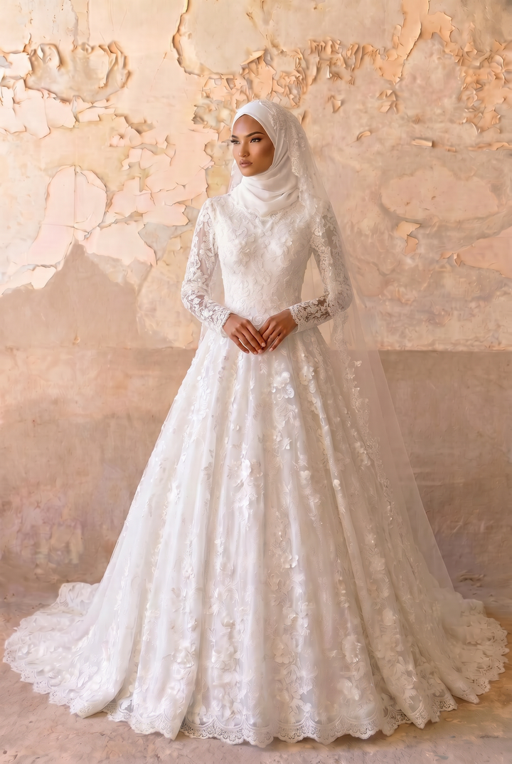 Luxury Modest 3D Floral Lace A-Line Wedding Dress with Long Sleeves- Illusion Neck and Cathedral Train Plus Size