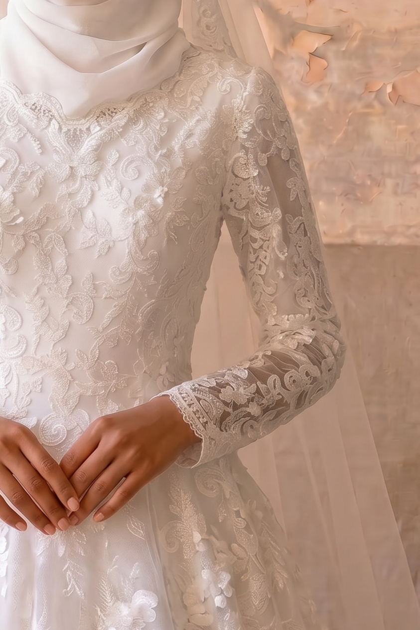 Luxury Modest 3D Floral Lace A-Line Wedding Dress with Long Sleeves- Illusion Neck and Cathedral Train Plus Size