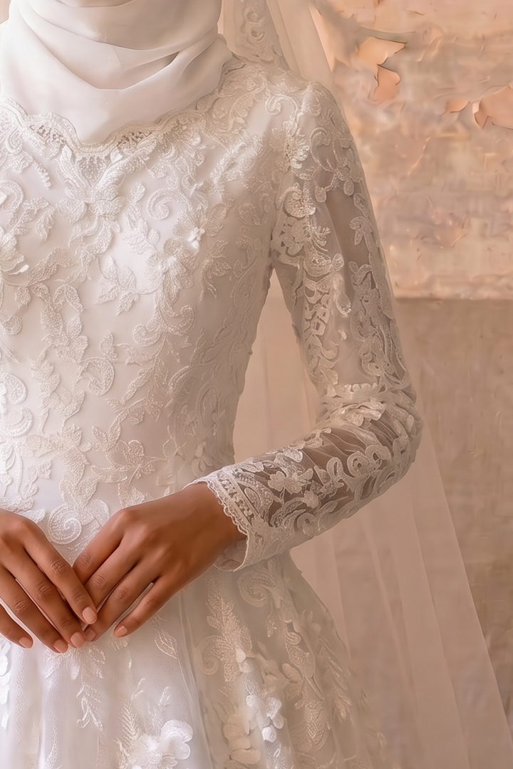 Luxury Modest 3D Floral Lace A-Line Wedding Dress with Long Sleeves- Illusion Neck and Cathedral Train Plus Size