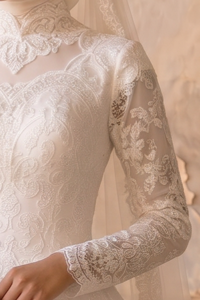 Luxury Modest A-Line Lace Wedding Dress with High Neck - Long Sleeves and Cathedral Train Plus Size