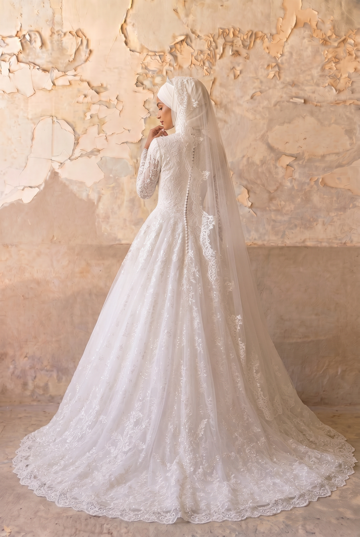 Luxury Modest A-Line Lace Wedding Dress with High Neck - Long Sleeves and Cathedral Train Plus Size