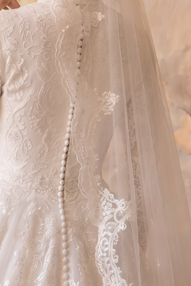 Luxury Modest A-Line Lace Wedding Dress with High Neck - Long Sleeves and Cathedral Train Plus Size