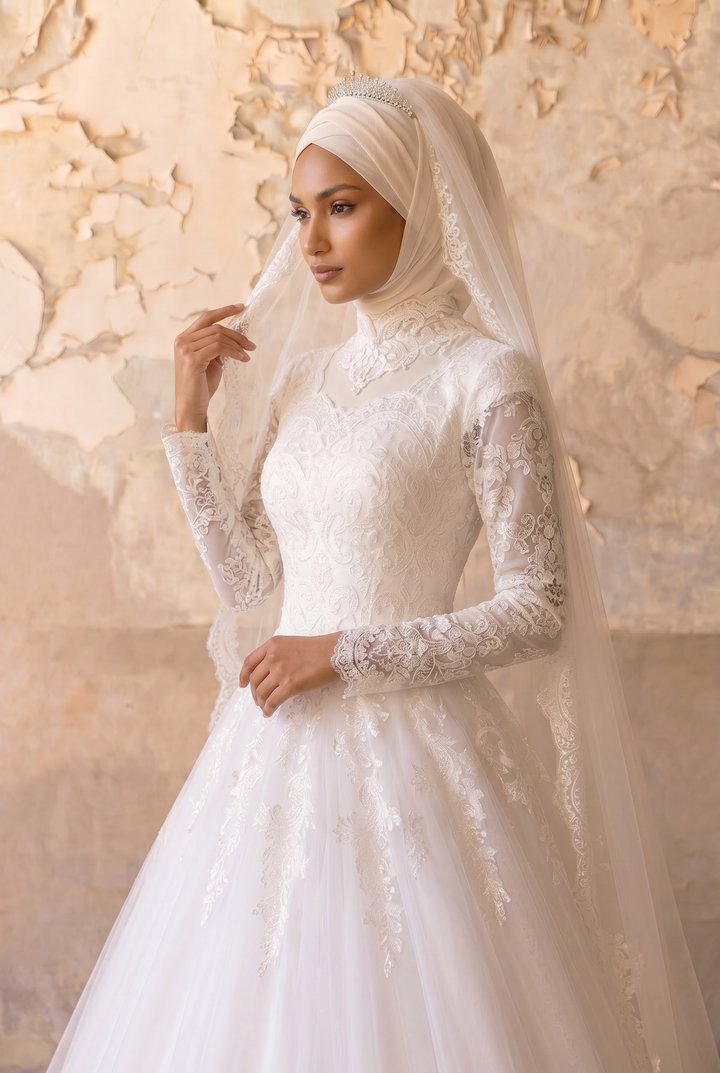 Luxury Modest A-Line Lace Wedding Dress with High Neck - Long Sleeves and Cathedral Train Plus Size