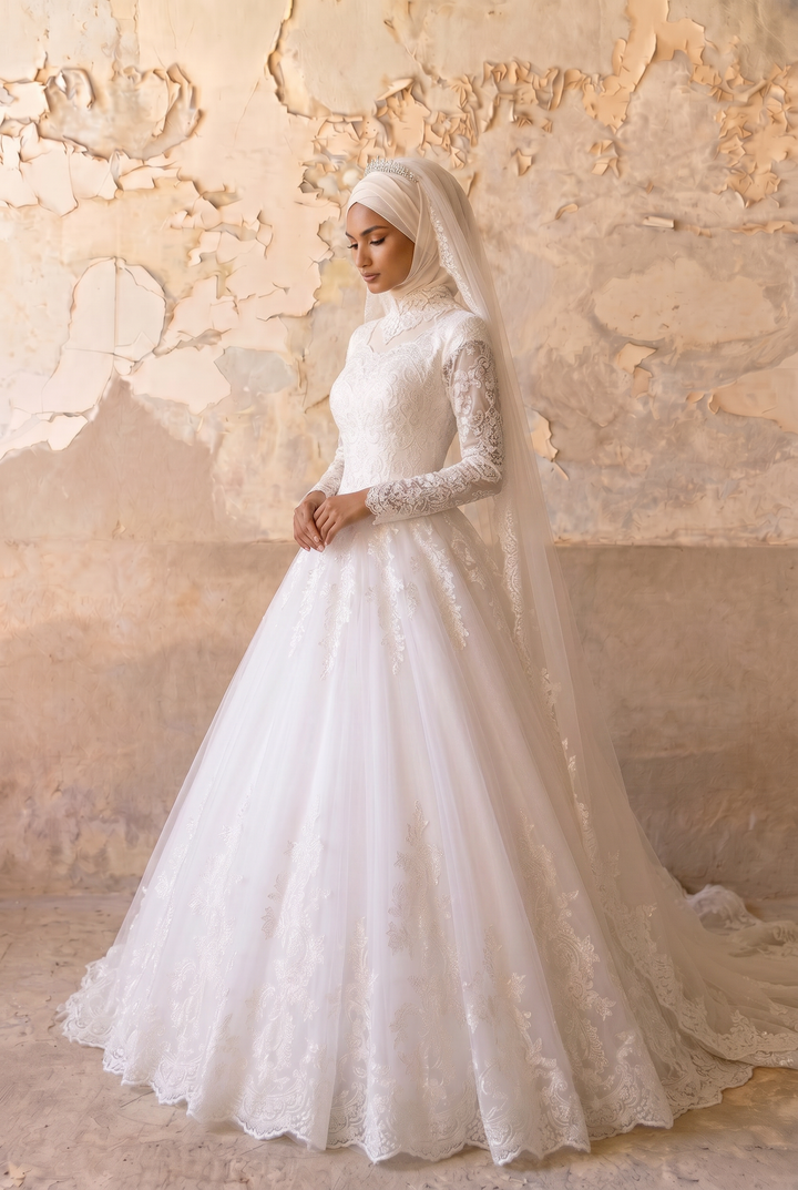 Luxury Modest A-Line Lace Wedding Dress with High Neck - Long Sleeves and Cathedral Train Plus Size