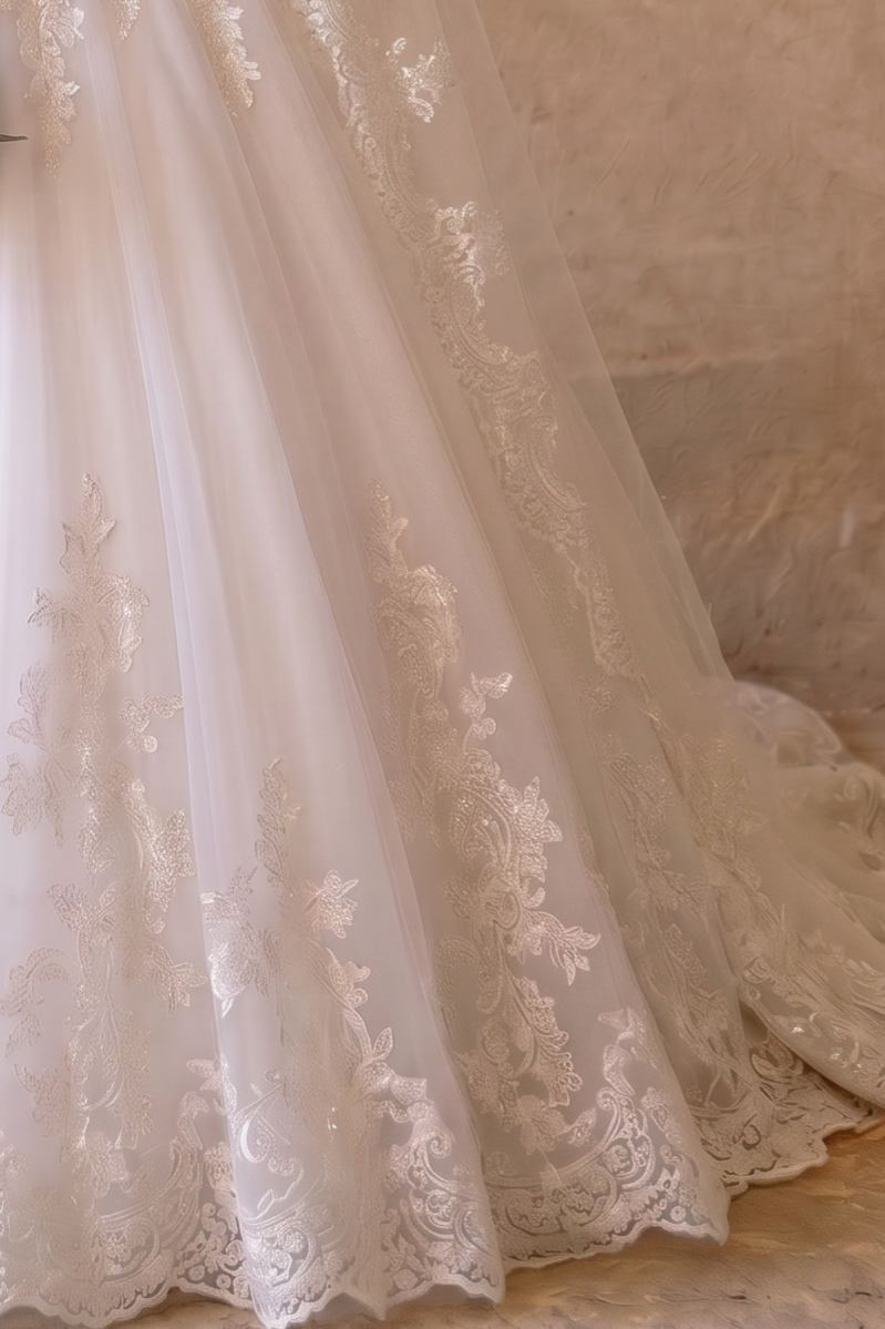 Luxury Modest A-Line Lace Wedding Dress with High Neck - Long Sleeves and Cathedral Train Plus Size