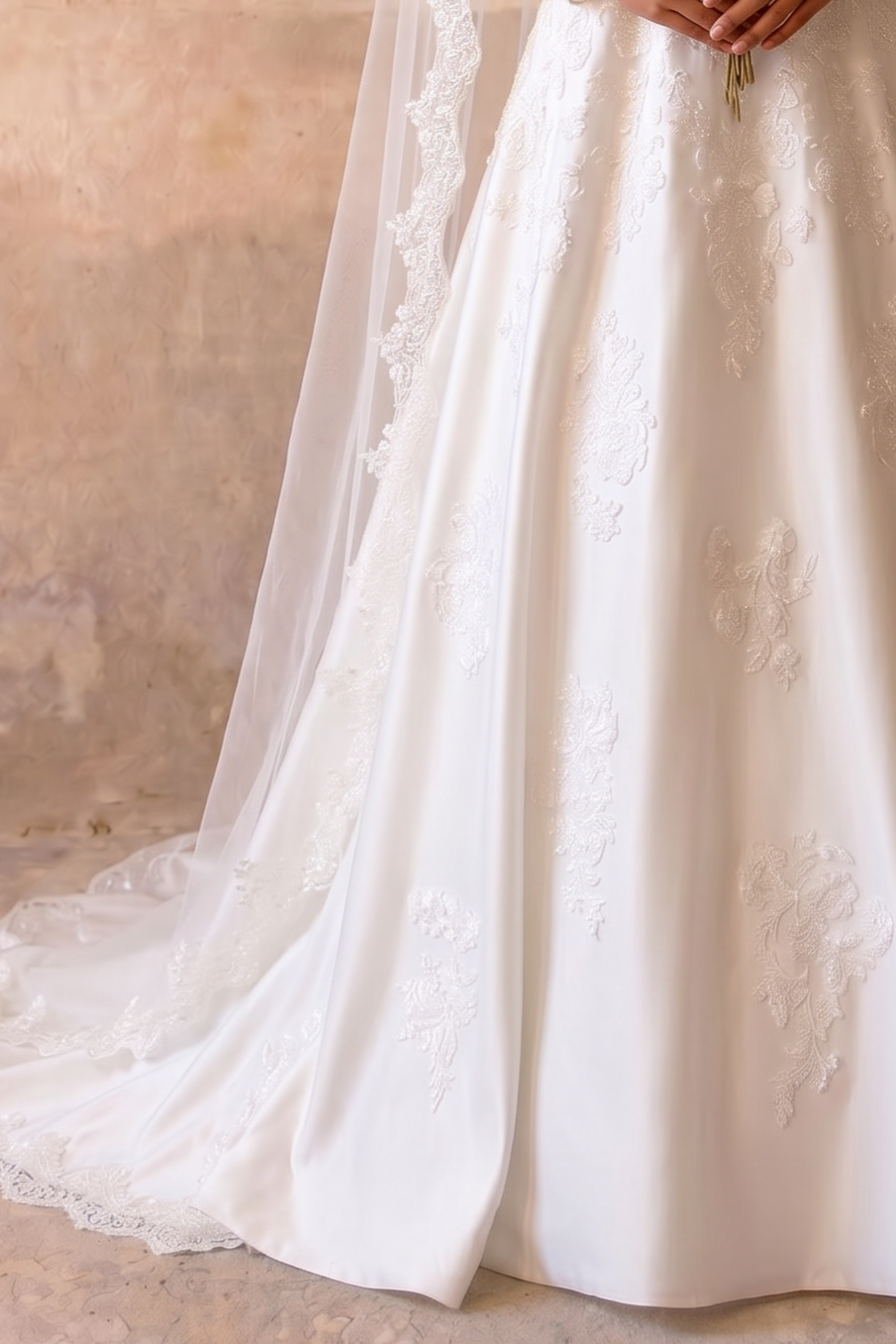 Luxury Modest A-Line Satin Wedding Dress with High Neck- Long Lace Sleeves and Cathedral Train Plus Size