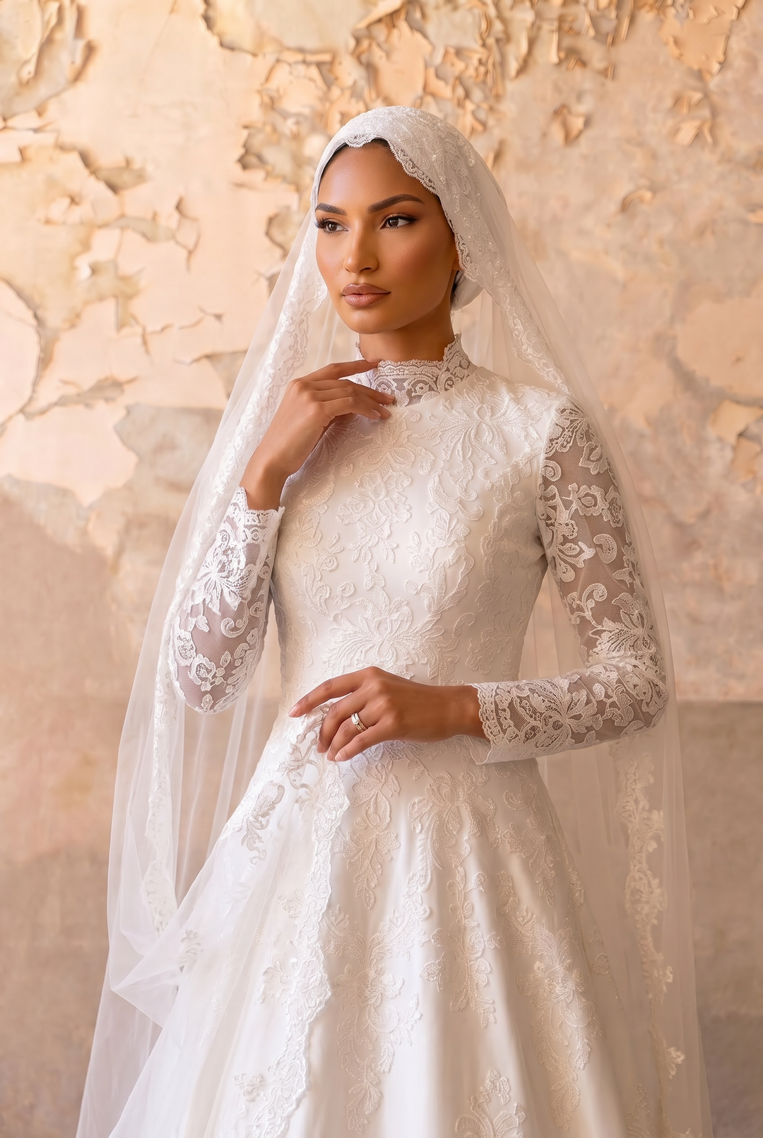 Luxury Modest A-Line Satin Wedding Dress with High Neck- Long Lace Sleeves and Cathedral Train Plus Size