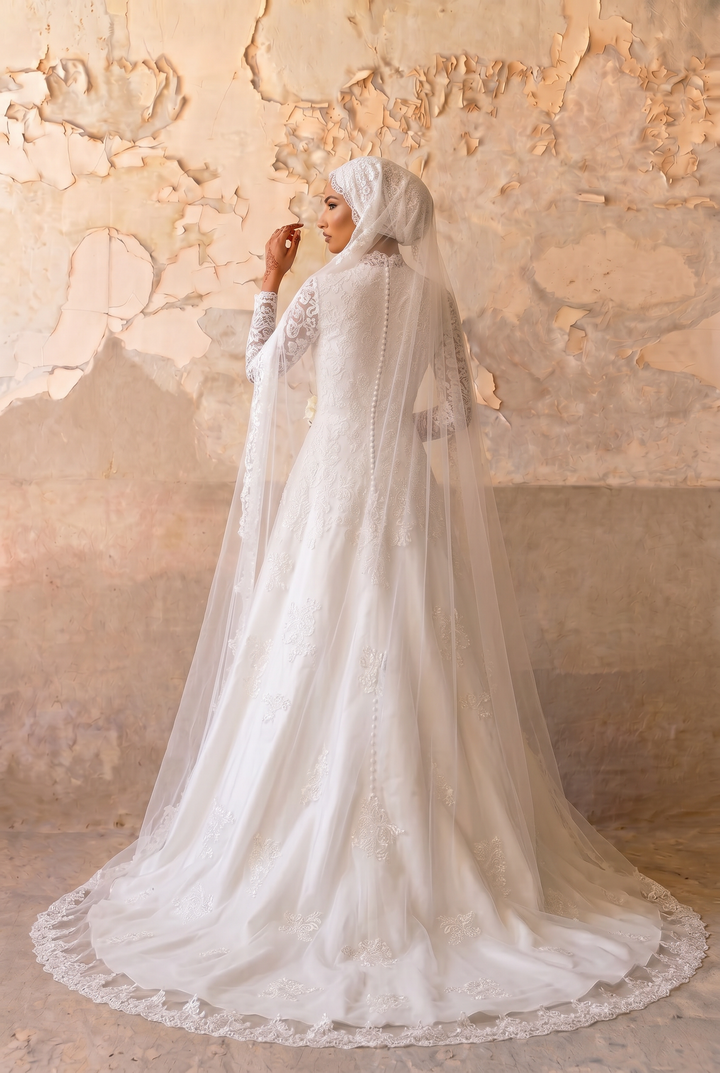 Luxury Modest A-Line Satin Wedding Dress with High Neck- Long Lace Sleeves and Cathedral Train Plus Size