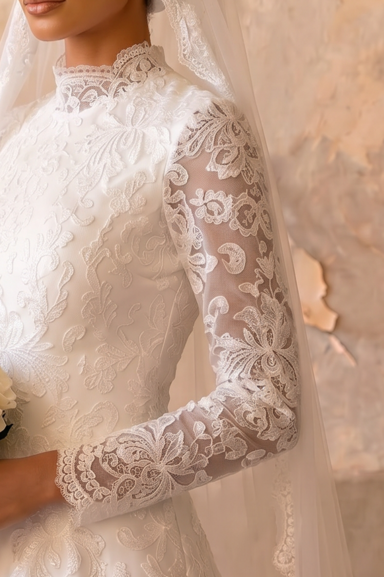 Luxury Modest A-Line Satin Wedding Dress with High Neck- Long Lace Sleeves and Cathedral Train Plus Size