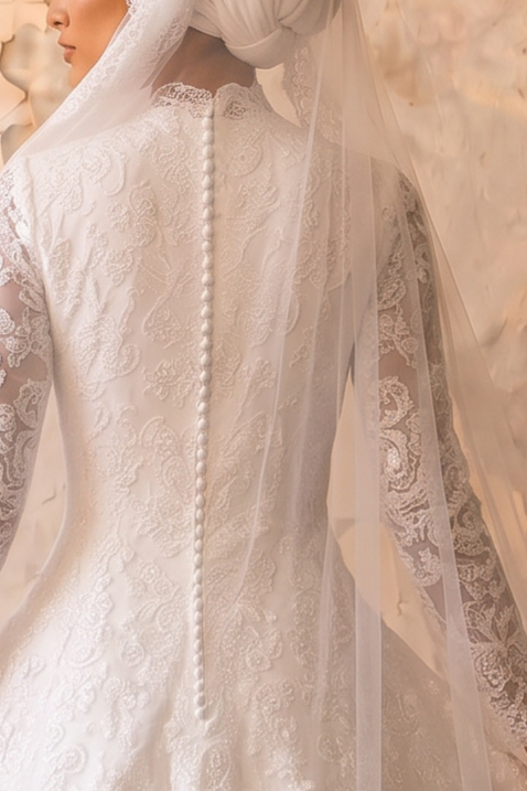 Luxury Modest A-Line Satin Wedding Dress with High Neck- Long Lace Sleeves and Cathedral Train Plus Size