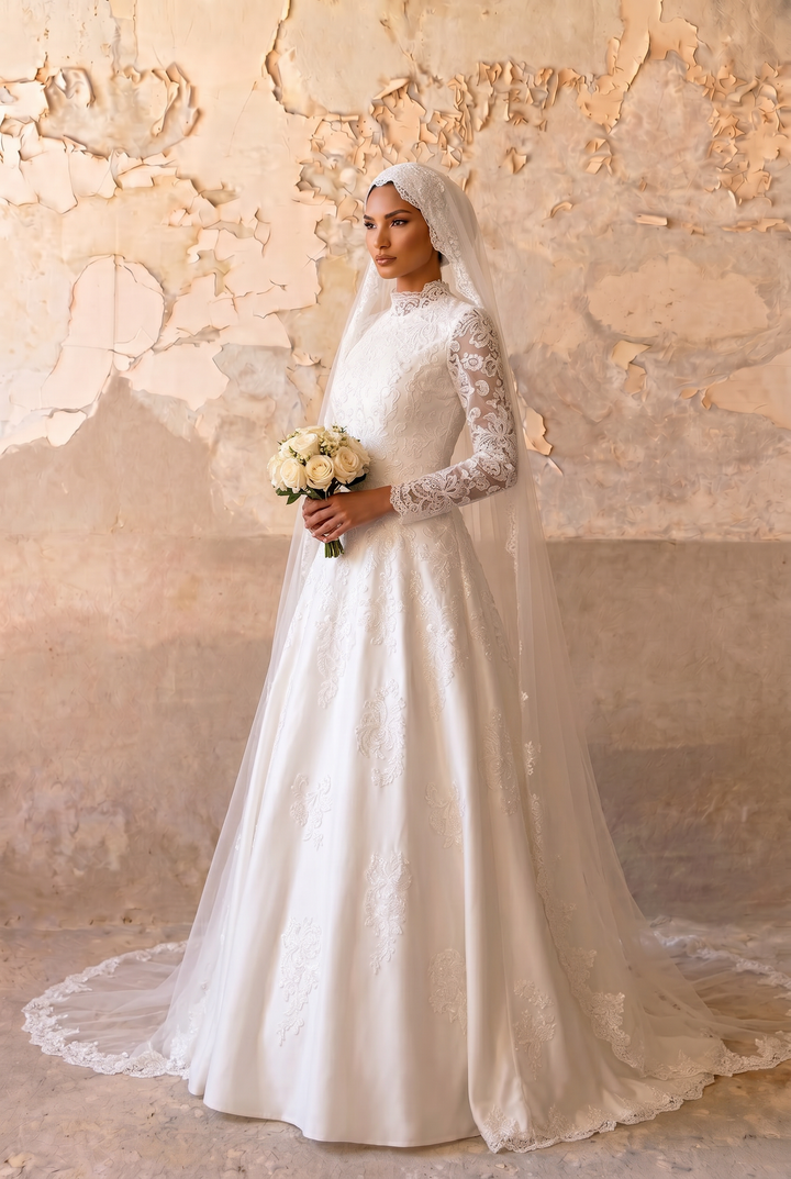 Luxury Modest A-Line Satin Wedding Dress with High Neck- Long Lace Sleeves and Cathedral Train Plus Size