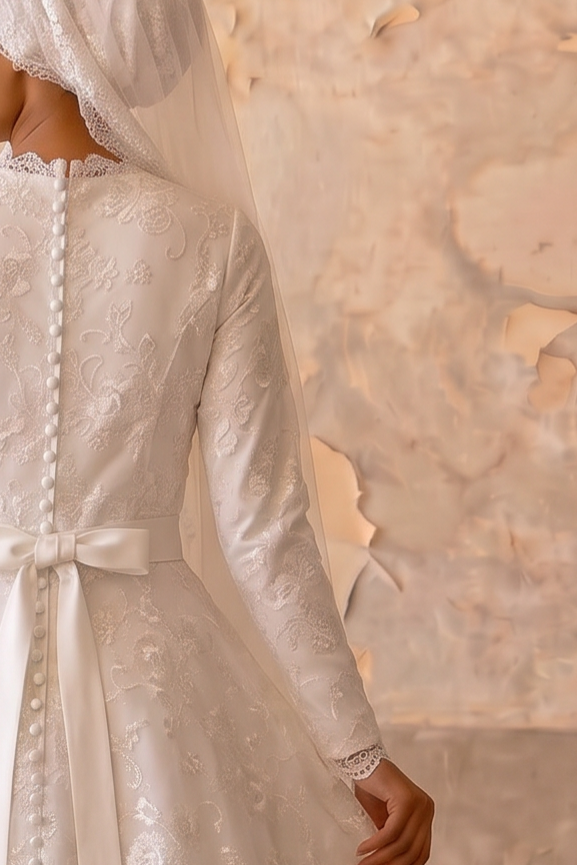 Luxury Modest A-Line Wedding Dress with High Neck-Long Lace Sleeves and Floral Jacquard Satin Plus Size