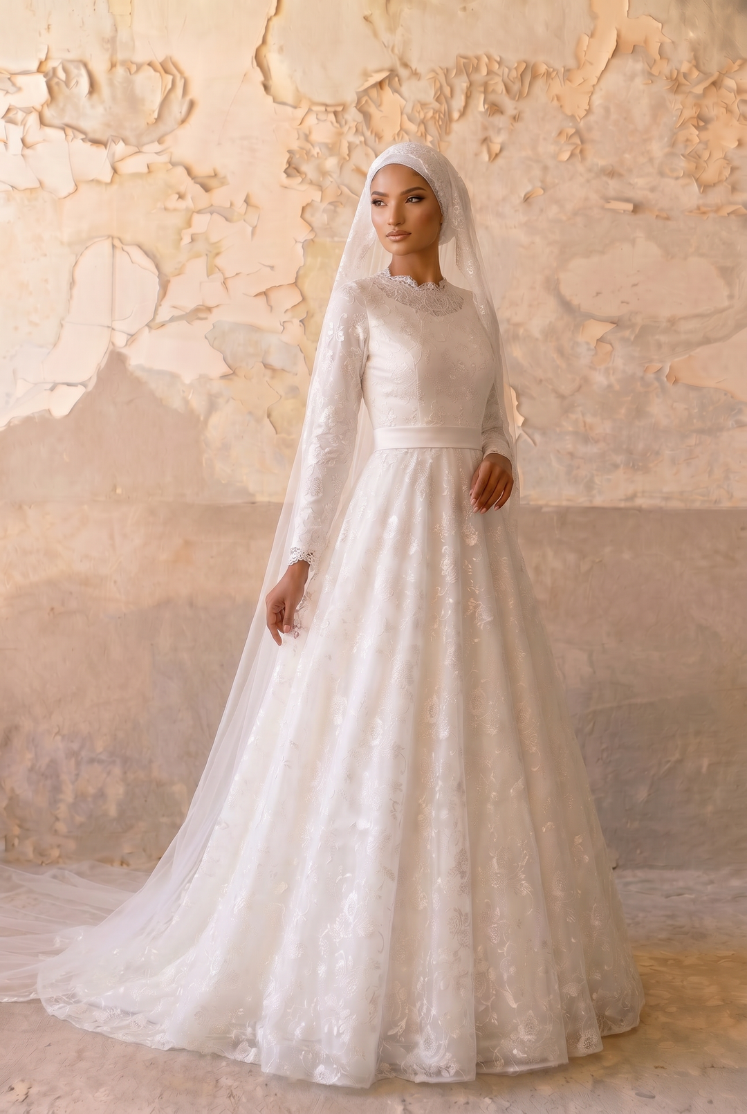 Luxury Modest A-Line Wedding Dress with High Neck-Long Lace Sleeves and Floral Jacquard Satin Plus Size