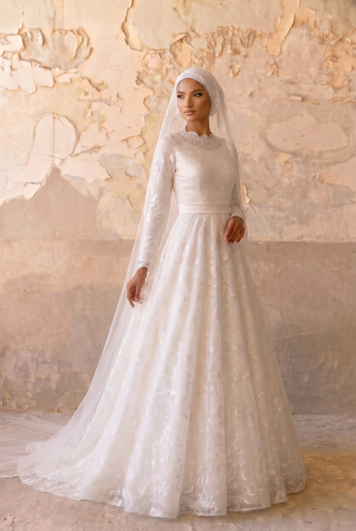 Luxury Modest A-Line Wedding Dress with High Neck-Long Lace Sleeves and Floral Jacquard Satin Plus Size