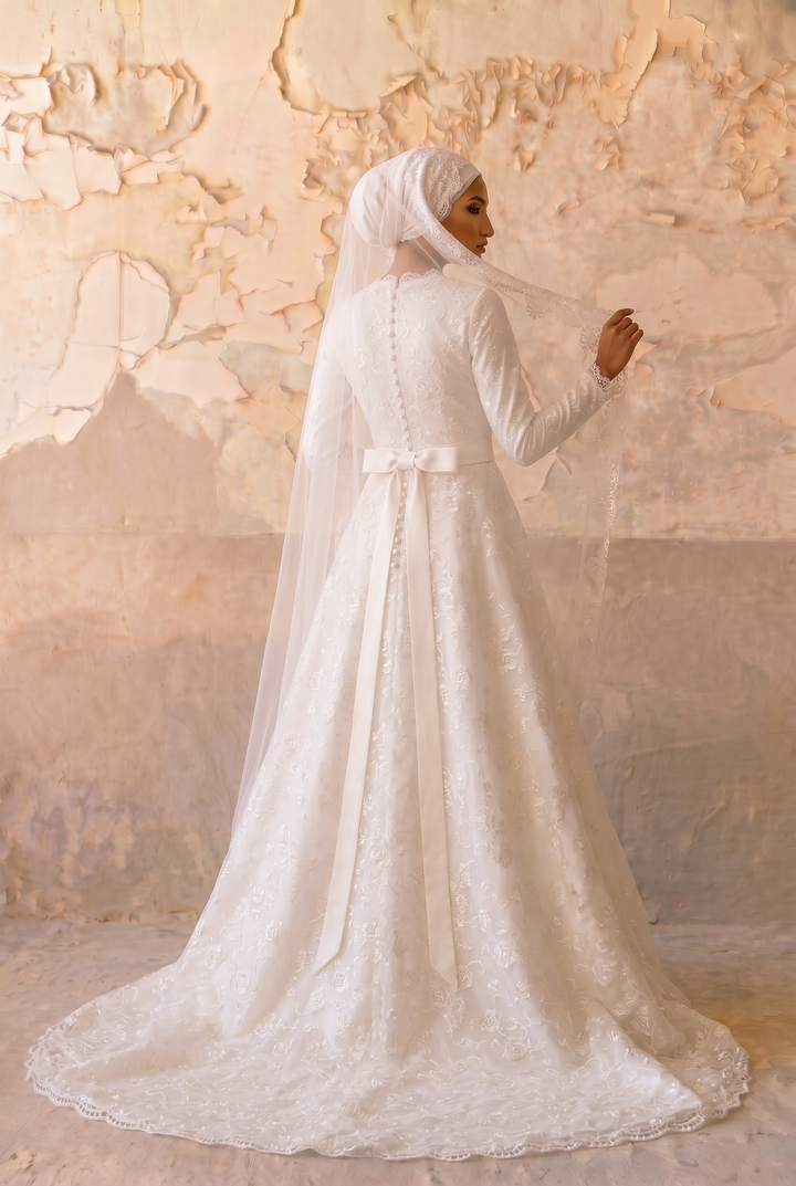 Luxury Modest A-Line Wedding Dress with High Neck-Long Lace Sleeves and Floral Jacquard Satin Plus Size