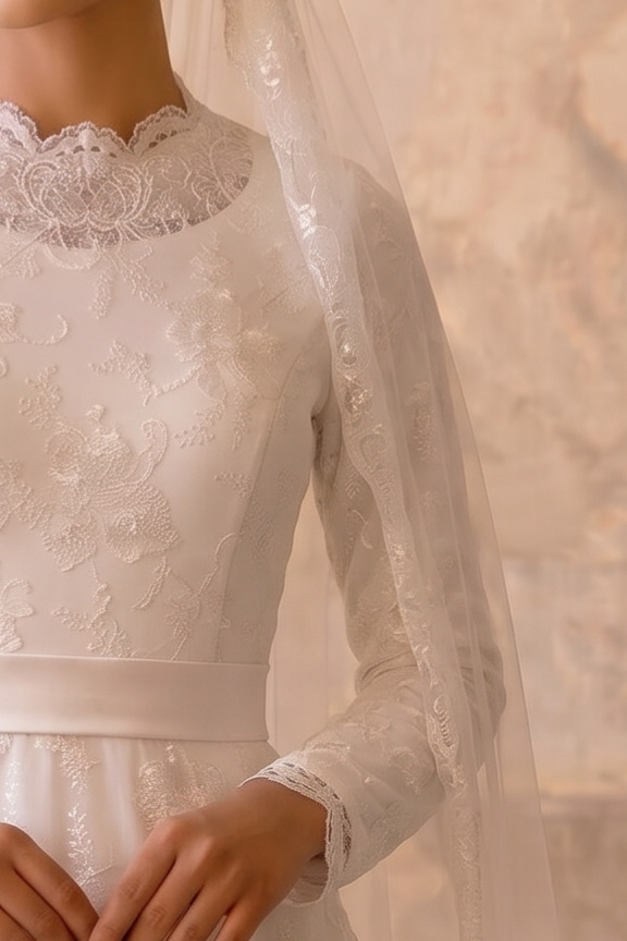 Luxury Modest A-Line Wedding Dress with High Neck-Long Lace Sleeves and Floral Jacquard Satin Plus Size