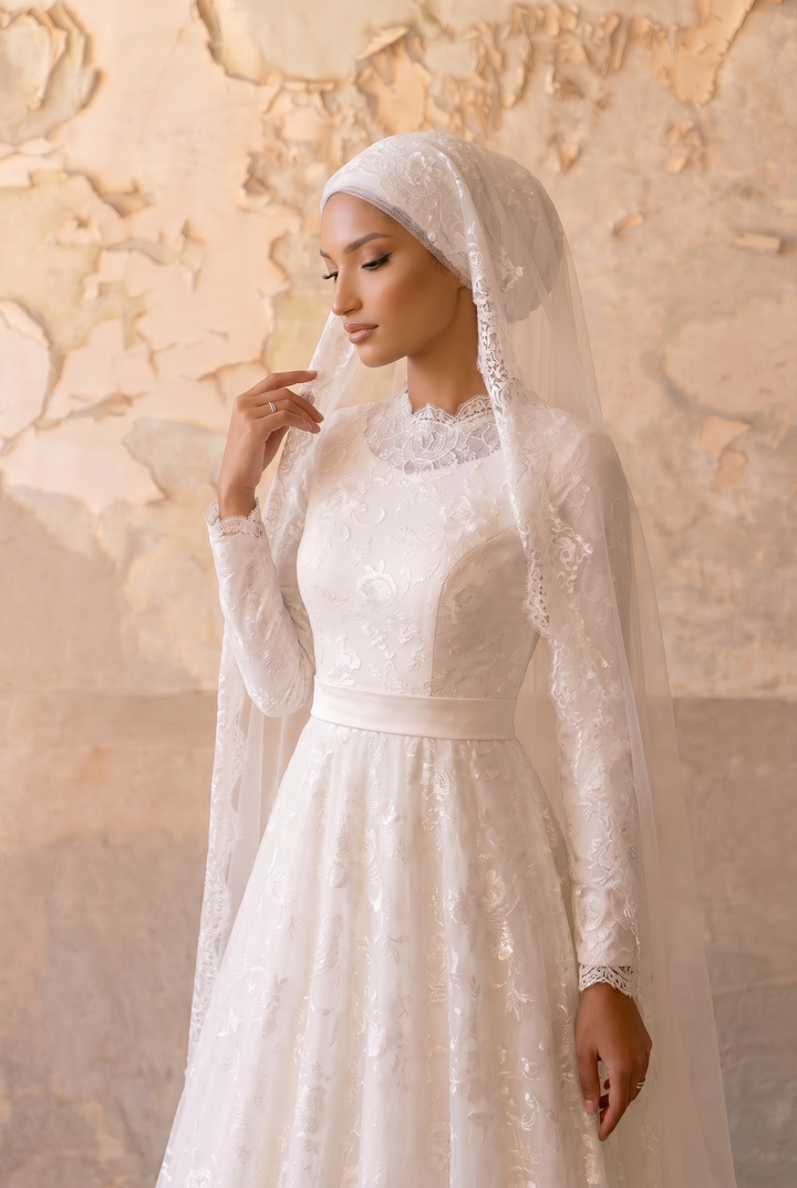 Luxury Modest A-Line Wedding Dress with High Neck-Long Lace Sleeves and Floral Jacquard Satin Plus Size
