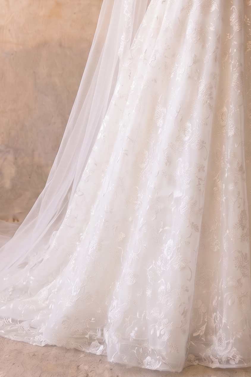 Luxury Modest A-Line Wedding Dress with High Neck-Long Lace Sleeves and Floral Jacquard Satin Plus Size