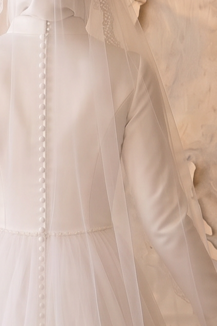 Luxury Modest A-Line Wedding Dress with High Neck- Long Sleeves- Tulle Skirt and Cathedral Train Plus Size