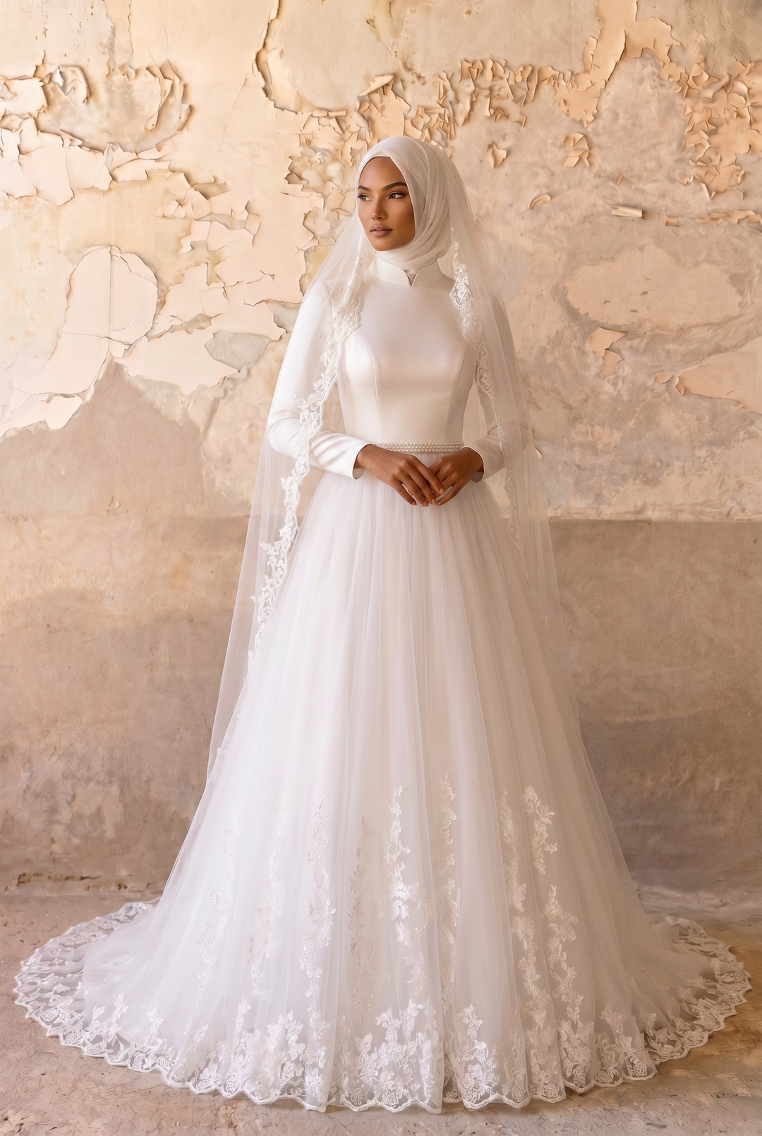 Luxury Modest A-Line Wedding Dress with High Neck- Long Sleeves- Tulle Skirt and Cathedral Train Plus Size