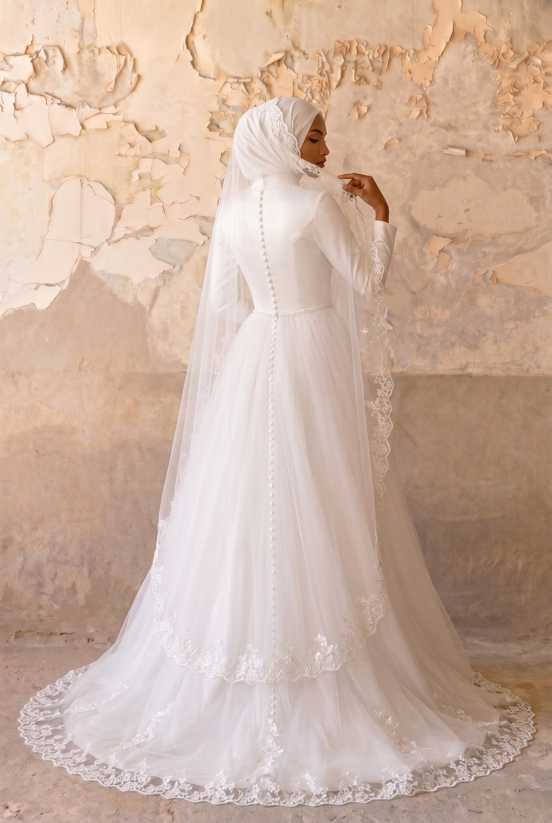 Luxury Modest A-Line Wedding Dress with High Neck- Long Sleeves- Tulle Skirt and Cathedral Train Plus Size
