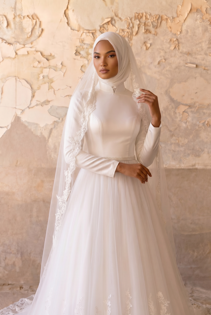 Luxury Modest A-Line Wedding Dress with High Neck- Long Sleeves- Tulle Skirt and Cathedral Train Plus Size